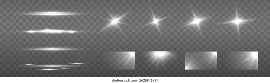 Light effect set. Sunlight, abstract special effect.  White, lens, star, glow, spark, effect, light, line, spotlight, flare, twirl, curve, vector, summer, sun flash, explosion, curve twirl. golden.