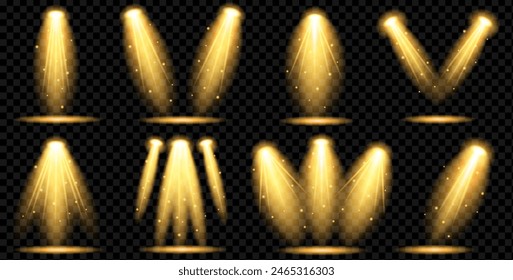 Light effect set. Yellow color light effect. Glow isolated  light effect set,  glitter, spark and stars, spotlight. Lights effect isolated on transparent background