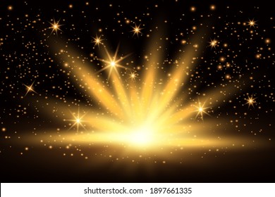 Light effect, shining golden bright light. Gold shine burst with sparkles illustration isolated on dark background.