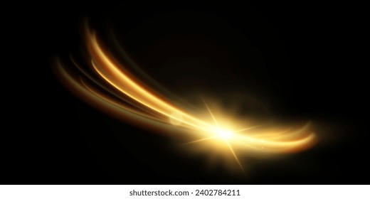 Light effect of shiny gold lines.Gold color glowing design element.Wavy bright stripes.