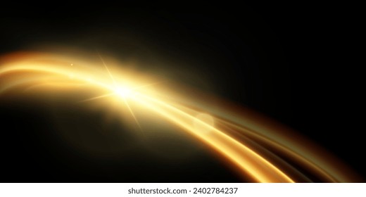 Light effect of shiny gold lines.Gold color glowing design element.Wavy bright stripes.