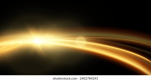 Light effect of shiny gold lines.Gold color glowing design element.Wavy bright stripes.
