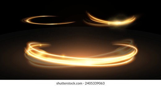 Light effect of shiny gold lines.Gold color glowing design element.Wavy bright stripes.	
