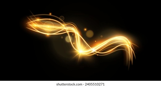 Light effect of shiny gold lines.Gold color glowing design element.Wavy bright stripes.	