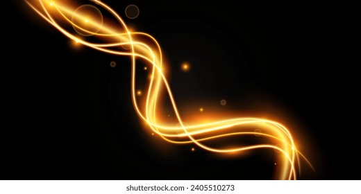 Light effect of shiny gold lines.Gold color glowing design element.Wavy bright stripes.	