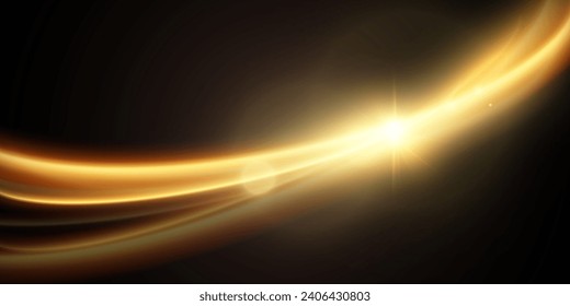 Light effect of shiny gold lines.Gold color glowing design element.Wavy bright stripes.	