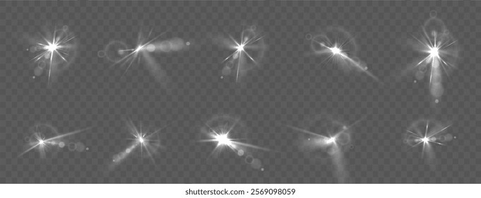 Light effect. Spotlight spark. Stadium lighting. Spot lighting with white beams of LED strobes. White spotlight with a star.