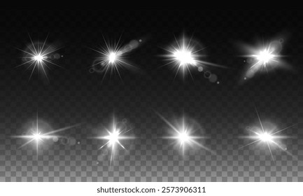 Light effect. Spotlight spark. Stadium lighting. Spot lighting with white beams of LED strobes. White spotlight with a star.	