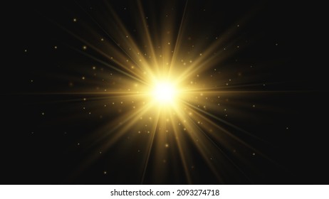 Light effect. Star burst. Gold glitter star or sun. Vector background