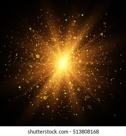 Light Effect. Star Burst With Sparkles. Gold Glitter Texture