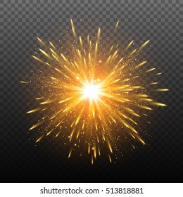Light effect. Star burst with sparkles. Gold glitter texture