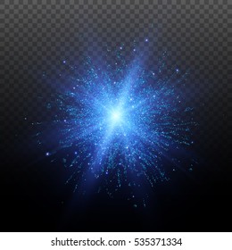 Light effect. Star burst with sparkles. Blue glitter texture