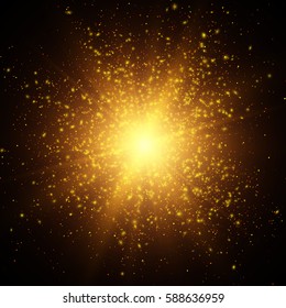 Light effect. Star burst with sparkles. Gold glitter texture