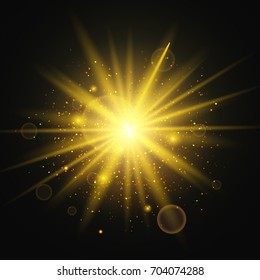 Light effect. Star burst with sparkles. Gold glitter texture on black background. Vector Illustration