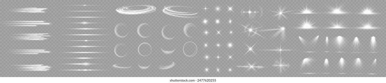 Efecto de luz, estrella, llamarada, conjunto de destellos. Conjunto de efectos de luz transparente blanca aislada brillante, destello de lente, explosión, brillo, polvo, línea, flash de sol, chispa y estrellas, foco, giro de curva. Luz del sol