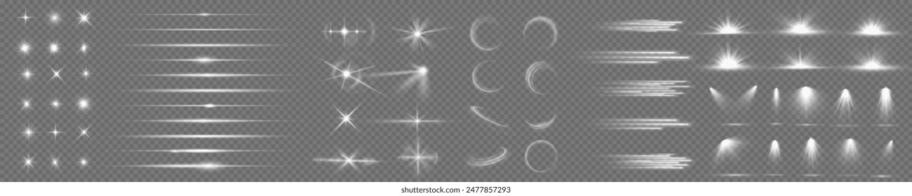 Light effect, star, flare, sparkle set. Glow isolated white transparent light effect set, lens flare, explosion, glitter, dust, line, sun flash, spark and stars, spotlight, curve twirl. Sunlight