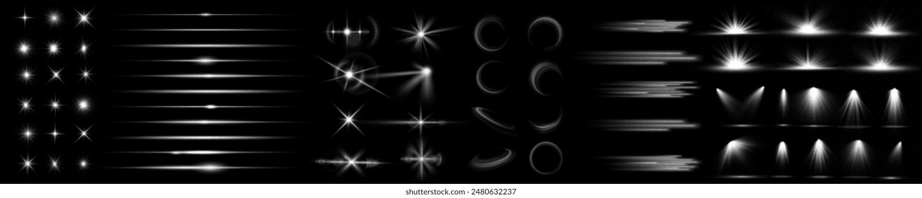 Light effect, star, flare, sparkle set. Glow isolated white transparent light effect set, lens flare, explosion, glitter, dust, line, sun flash, spark and stars, spotlight, curve twirl. Sunlight