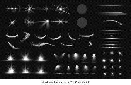 Efecto de luz, estrella, destello, conjunto de destellos. Resplandor aislado blanco transparente efecto de luz conjunto, destello de la lente, explosión, brillo, polvo, línea, flash de sol, chispa y estrellas, foco, curva de giro. Luz solar