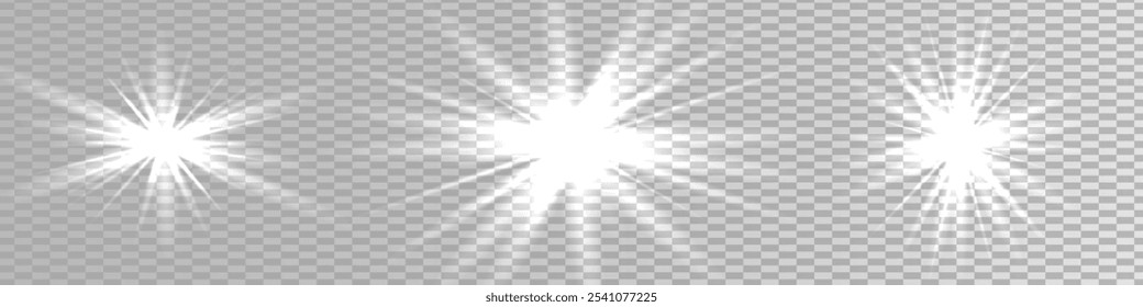 Efecto de luz, estrella, destello, conjunto de destellos. Resplandor aislado blanco transparente efecto de luz conjunto, destello de la lente, explosión, brillo, polvo, línea, flash de sol, chispa y estrellas, foco, curva de giro. Luz solar