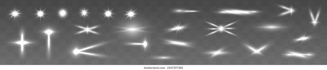 Light effect, star, flare, sparkle set. Glowing light bursts with sparkles. Sun rays light 3d elements on transparent background.	
