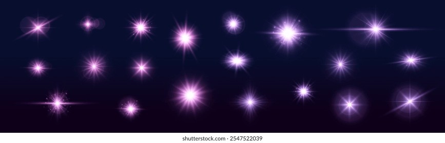Light effect, star, flare, sparkle set. Collection of highlights, stars and rays of light with luminous swirling and spiraling particles on a transparent background.	