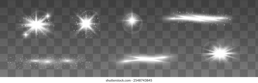 Lichteffekt, Stern, Flamme, Funkelsatz. Glühendes Licht bricht mit Funkeln. Sonnenstrahlen helle 3D-Elemente auf transparentem Hintergrund.	
