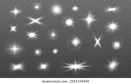 Light effect, star, flare, sparkle set. Glowing light bursts with sparkles. Sun rays light 3d elements on transparent background.	