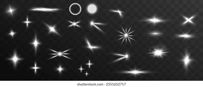Light effect, star, flare, sparkle set. Glowing light bursts with sparkles. Sun rays light 3d elements on transparent background.	