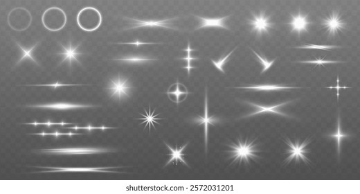 Light effect, star, flare, sparkle set. Glowing light bursts with sparkles. Sun rays light 3d elements on transparent background.	