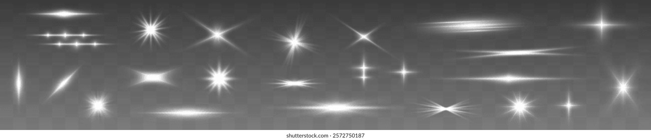 Light effect, star, flare, sparkle set. Glowing light bursts with sparkles. Sun rays light 3d elements on transparent background.	