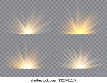 Light effect stars bursts. Sunrise, dawn. Vector transparent sunlight. Concept for illustration template art design, banner for Christmas, celebrate.
