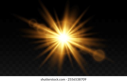 Light effect of light with sun glare. Sun rays and bokeh Golden highlights. Vector illustration . 