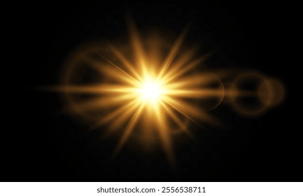 Light effect of light with sun glare. Sun rays and bokeh Golden highlights. Vector illustration . 