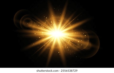 Light effect of light with sun glare. Sun rays bokeh and shimmering dust specks of light. Golden highlights. Vector illustration . 