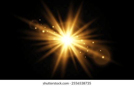 Light effect of light with sun glare. Sun rays bokeh and shimmering dust specks of light. Golden highlights. Vector illustration . 