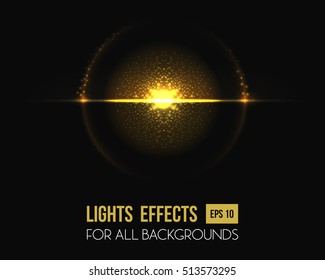 Light effect of sun at horizon halo with lens. Round lens illuminated by star at sunset or sunrise. Banner or poster background, sun beam bleak effect and radiance backdrop, burst beam template 
