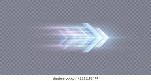 Light effect of technological high-speed movement of the arrow of light speed bright glow on transparent background. Dynamic movement of the arrow of energy of light of high speed.	
