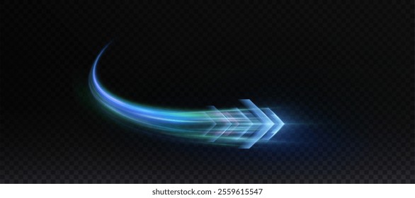 Light effect of technological high-speed movement of the arrow of the speed of light bright red glow. Dynamic movement of the arrow of the energy of light.