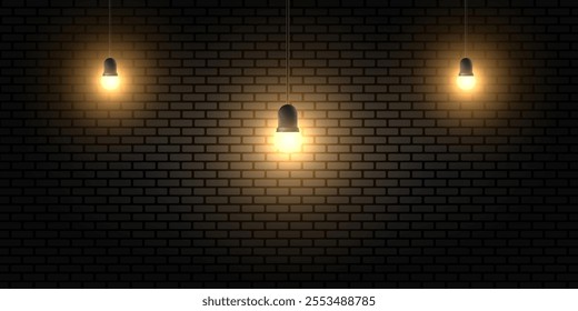 Light effect. Three lamps with yellow light. Brick dark background. For stages, concerts, holidays. EPS10.