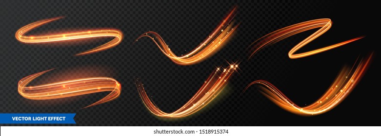 Senderos con efecto claro, olas de brillo dorado y colas de bengalas brillantes. Resumen de la luz de fuego vectorial con destellos de destello efecto sobre el fondo transparente