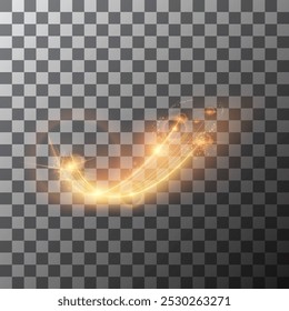 Light effect trails, golden glitter glow waves and sparkling flare tails. Abstract vector fire light with flash sparkles effect on transparent background