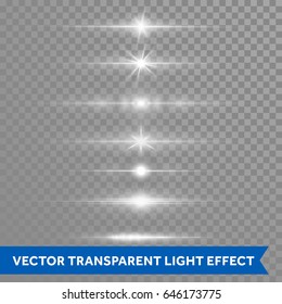 Light effect or twinkling star shine with lens flare shining. Vector isolated icons of glittering sun beams or ray lines flash on transparent background