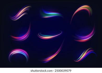 Light effect or vector high speed lines trail. Set of isolated night motion effect for glowing energy ray. Magic flare or spiral sparkle movement. Glitter particle wave. Twirl beam or flash curve.Flow