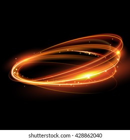 Light Effect Vector Line Gold Circle. Glowing Magic Light Fire Flare Ring Trace. Glitter Sparkle Swirl Trail Effect On Black Background. Bokeh Glitter Round Ellipse Line With Flying Flash Light