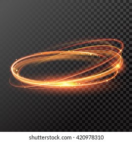 Light effect vector magic gold line circle. Glowing light fire flare ring. Glitter sparkle swirl trail effect on black background. Bokeh light glitter round ellipse line with flying flash light