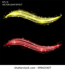 Light effect vector magic line. Glowing light fire line. Glitter sparkle swirl trail effect on black background. Bokeh light glitter line with flying sparkling flash light