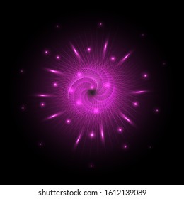 Light effect. Vector pink shines a bright light. Golden glow with sequins, stars isolated on black background