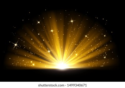 Light Effect. Vector Shining Golden Bright Light. Gold Shine Burst With Sparkles Illustration Isolated On Black Background