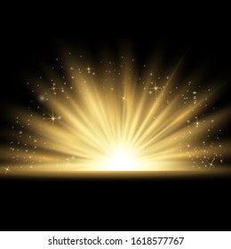 Light effect. Vector shining golden bright light. Gold shine burst with sparkles illustration isolated on black background