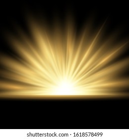 Light effect. Vector shining golden bright light. Gold shine, burst illustration isolated on black background